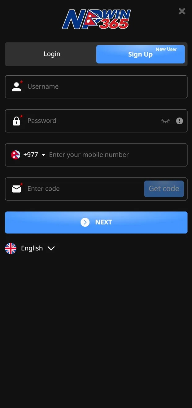 NPwin365 Sign Up registration form — create account with username, password and Nepal +977 mobile number verification